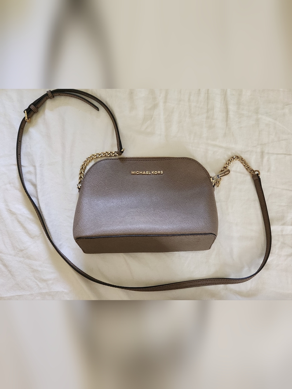 Michael Kors Taupe Leather Crossbody with Gold Chain Detail